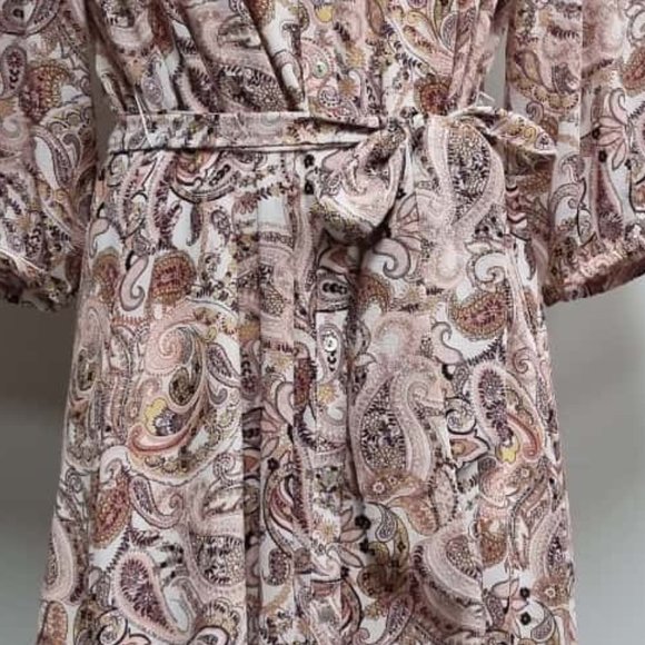 Pink Paisley Long Sleeve Button Down Shirt Midi Dress - Picture 8 of 8